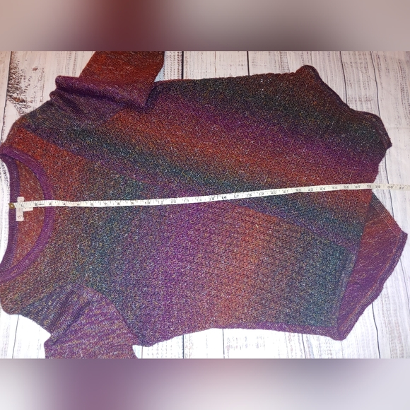 Asymmetrical Sweater, 3/4 sleeves, reddish orange, purple, green , 1X - Picture 8 of 11